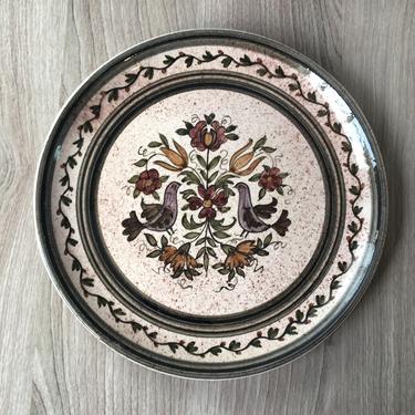 Folk art bird pottery wall plate - vintage handmade stoneware 