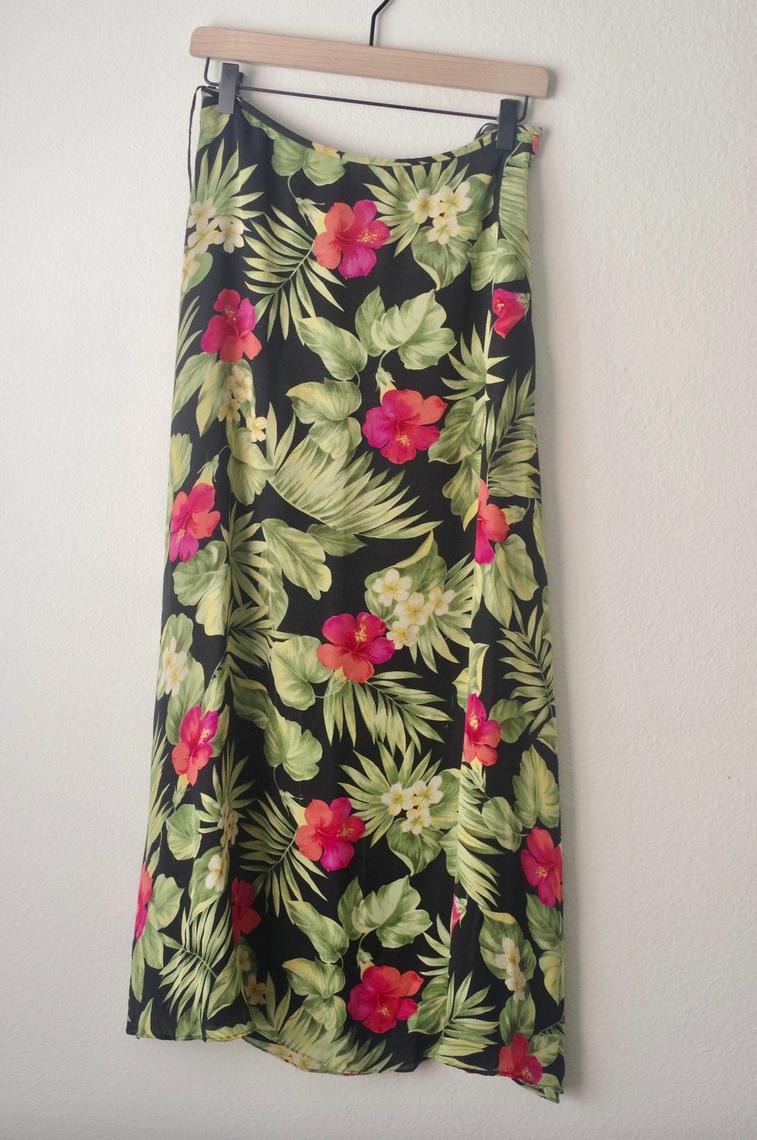98) VINTAGE Ralph Lauren maxi skirt tropical island plants leaves ...