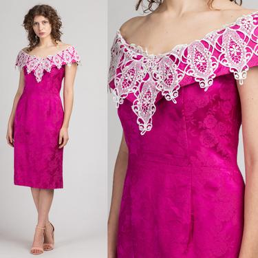 80s Fuchsia Pink Off Shoulder Party Dress - Medium | Vintage Crochet Lace Trim Jacquard Midi Dress 