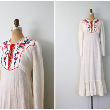 vintage 70s hippie wedding dress - 70s ivory gauze maxi dress / Candi Jones - hand embroidered dress / 60s festival dress - corset lacing 