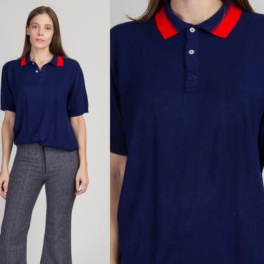 70s Navy Blue Collared Knit Polo Top - Men's Medium | Vintage Unisex Short Sleeve Cropped Sweater Shirt 