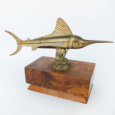 Vintage Brass Flashed Metal Swordfish Trophy on Wood Base 