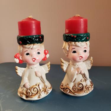 Vintage 1950's Lefton Angel Candle Holders / 60s Christmas Kitch Knick Knack Ceramic 
