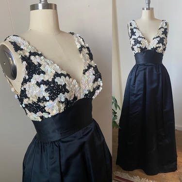 Minuet by Mollie Stone, Black and white sequin bodices 1950s ball gown, party dress, formal dress 