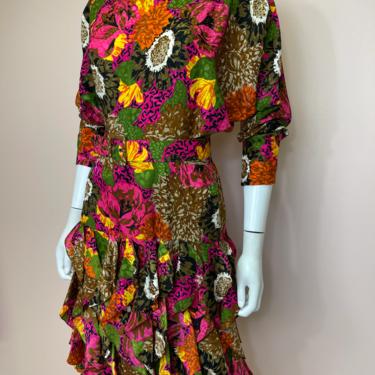 Vtg 80s Gillian silk floral ruffle avant garde dress SM 