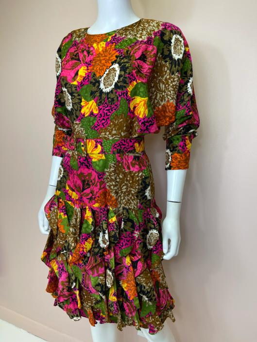 Vtg 80s Gillian silk floral ruffle avant garde dress SM 