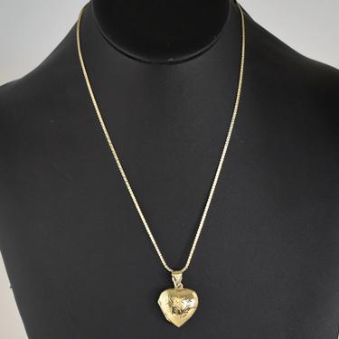Romantic 70's SU sterling vermeil etched heart locket, gold wash 925 silver sweetheart pendant Italy serpentine chain necklace 