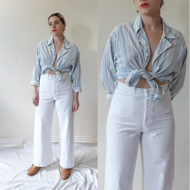 Vintage White Cotton Sailor Trousers/ High Waisted Button Fly Navy Uniform Pants/ Wide Leg Cropped/ Size 30 