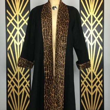 1980s wool coat, leopard coat, vintage coat, size large, animal print, French cuffs, winter, overcoat, 80s does 50s, classic, 38 bust 