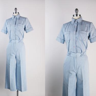 60s Light Blue Set / Mod / Coveralls / Vintage Set / Vintage High Waisted Pants / Size XS/S 