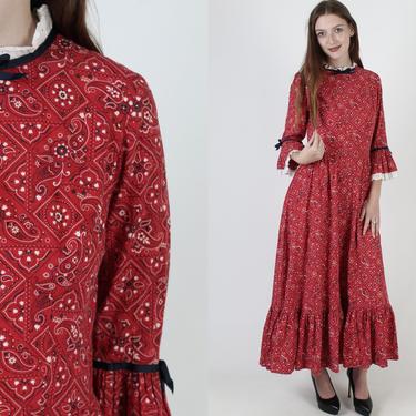 Vintage 70s Handkerchief Floral Dress Pilgrim Folk Country Homespun Red Cotton Maxi Dress 