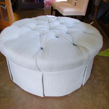 CALICO CORNERS TUFTED  AND SKIRTED OTTOMAN IN PALE BLUE LINEN FABRIC
