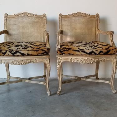 French Hollywood Regency - Style Carved Wood and Cane Accent Chairs - a Pair 