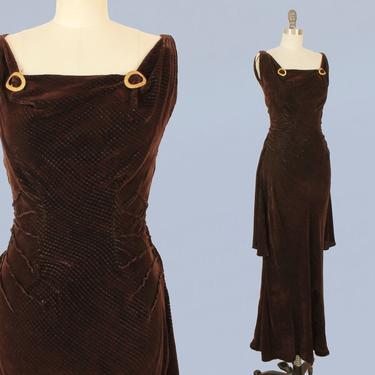 1930s Dress / 30s does 50s Chocolate Brown Silk Velvet with Metallic Gold Threads / Evening Gown 