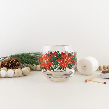 One Poinsettia Roly Poly Glass, Votive Candle Holder Cup, Christmas Candle, Vintage Christmas Barware, Whiskey Tumblers Glassware 