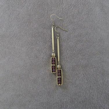 Industrial earrings, purple lava rock and brass minimalist earrings, mid century modern earrings, unique Art Deco earrings, geometric 