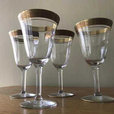 Vintage Gold Rimmed Crystal Wine Glasses Set of Four 