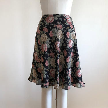 Black and Pink Floral Print Chiffon Mini Skirt - Early 1990s 
