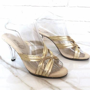 Vintage Clear Acrylic Heels Size 7.5 Sexy Gold Metallic Leather Slip On Heels Sandals Slide 