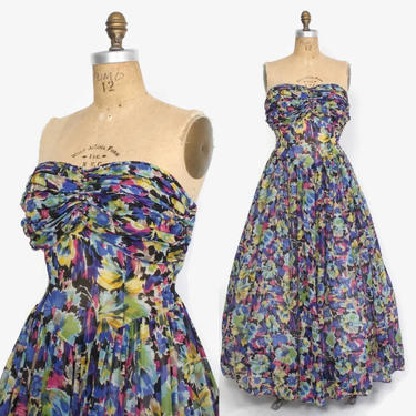 Vintage 40s Strapless Floral DRESS / 1940s Bright Semi Sheer Silk Chiffon Ruched Evening Gown M - L 