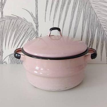 Vintage Pot with Lid, Pink and Black, Metal, circa 40's 