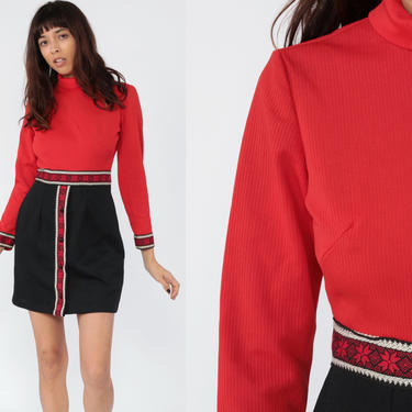60s Mod Dress Mod Mini RIBBED High Waisted Vintage 70s Turtleneck Red Black High Neck Long Sleeve 1970s Twiggy Gogo Small 