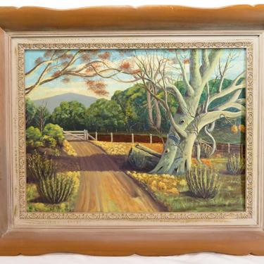 SIGNED Vtg "SUMMER STROLL" OIL ART PAINTING Rustic Surreal COUNTRY TREES Cabin