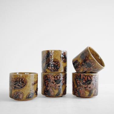 Vintage Japanese Tea Cup Set, 5 Small Stoneware Tea Cups in Brown and Orange Glaze, 6 Fluid Ounce Teacups 
