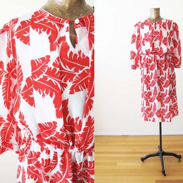 Vintage 80s Palm Leaf Dress S - 80s does 40s Dress - Red White Tropical Jungle Print Dress - Novelty Print Dress - 80s Clothing 