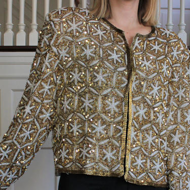 Vintage 80s Gold Sequin Beaded Evening Jacket Women's Size L XL 