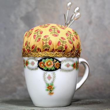 Sweet Miniature Tea Cup Pin Cushion - Vintage Porcelain Demitasse Cup - Upcycled Vintage Pin Cushion - Handmade  | FREE SHIPPING 