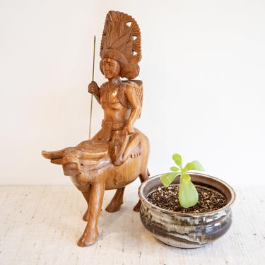 Hand Carved Vintage Solid Wood Water Buffalo Warrior Sculpture from Bali 