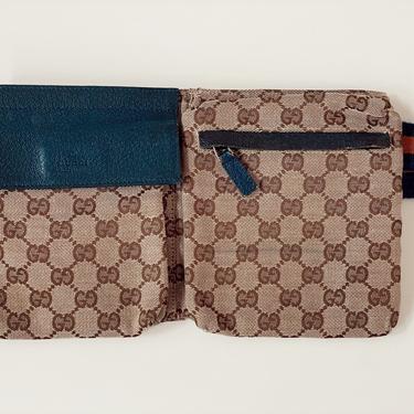 Vintage GUCCI GG Monogram Canvas / Blue Leather / Orange Blue Webbing Supreme Belt Bum Fanny Pack Waist Bag Purse 