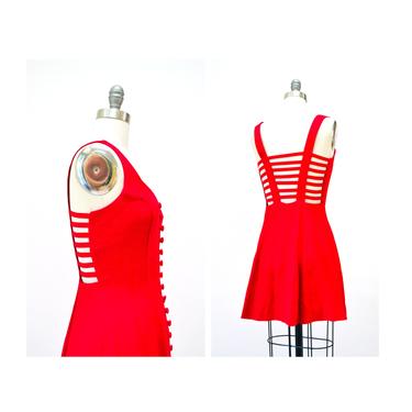 90s Party Vintage Red Cage Dress Size XS Small Red Party Tank Sleeveless Cocktail Dress // 90s Party Prom Dress Short Sleeveless red Dress 