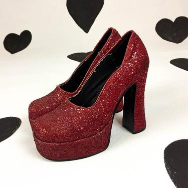 90s Red Glitter Platform Pumps / 5 Inch Heel / Hot Topic / Size 7 / Grunge / Goth / Chunky / Clueless / Rave / Club Kid / Spice Girls / 