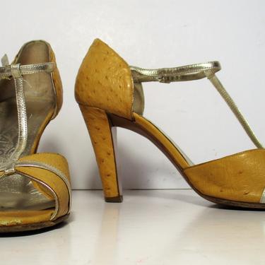 Vintage 1990s Salvatore Ferragamo T-Strap Pumps, Open Toe Shoes, Mustard Ostrich, Gold Leather trim, 8 1/2B Women 