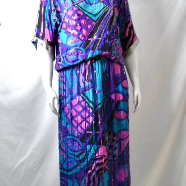 Plus Size Vintage Hand Painted Silk Tropical Print Designer Skirt and Top Set in Bold Pink, Turquoise and Purple with Sequin Embellishments 