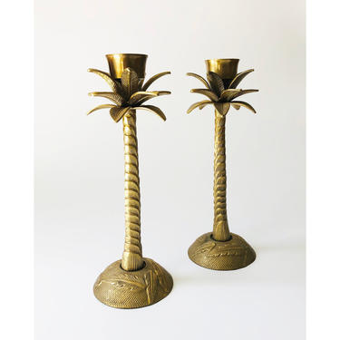 Pair of Vintage Brass Palm Tree Candle Holders 