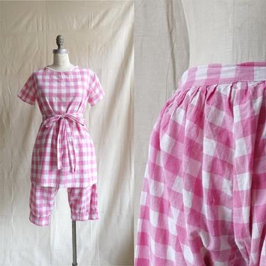 Vintage 30s 40s Checked Bloomer Set/ 1930s 1940s Handmade Tunic and Cropped Pantaloons/ Clown Costume / Size Small 