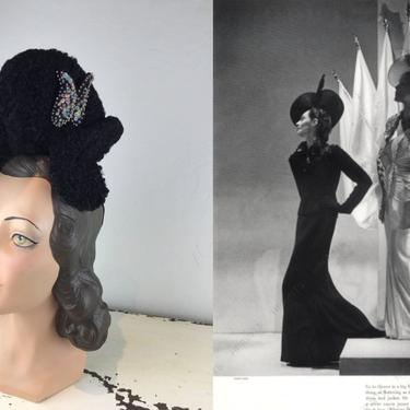 Tilted Titles - Vintage 1940s Black Persian Lamb Pancake Slouch Side Dish Hat w/Colourful Butterfly Hat Pin 