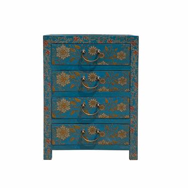 Bright Blue Lacquer Golden Flower End Table Nightstand Dresser cs6940E 