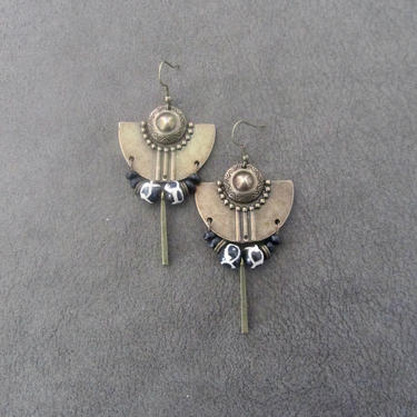 Bold tribal earrings, African Afrocentric earrings, antique bronze boho earrings, southwestern earrings, ethnic chandelier, batik print bone 