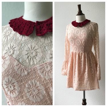 Pink lace babydoll bell sleeve dress with added collar sz xs to s 