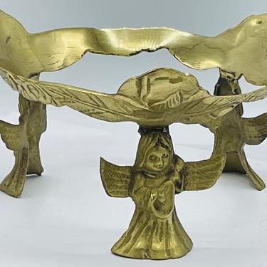 Vintage Brass Angel Base Stand Round Candle Holder Base Bowl Support Angel Playing Guitar 