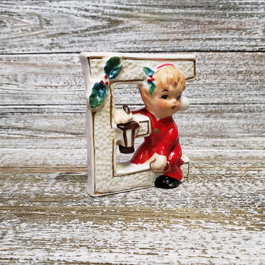 Vintage Ceramic Noel Candle Holder Letter E, Vintage Christmas Decoration, Japan, Child in Red Pajamas, Mantel Table Decor, Vintage Holiday 