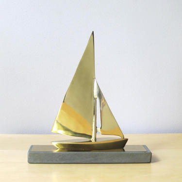 brass sailboat paperweight - nautical decor - moors of england slate stone base 