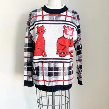 Vintage 1980s Cat & Owl Novelty Sweater / S-M 