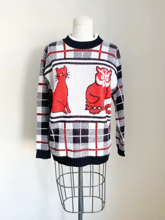 Vintage 1980s Cat &amp; Owl Novelty Sweater / S-M 