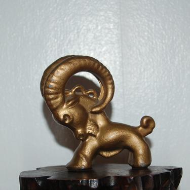 Cast Iron, gold finished, Stylized Big Horned Ram Sculpture ~ Mid Century Modern ~ Mountain Goat 