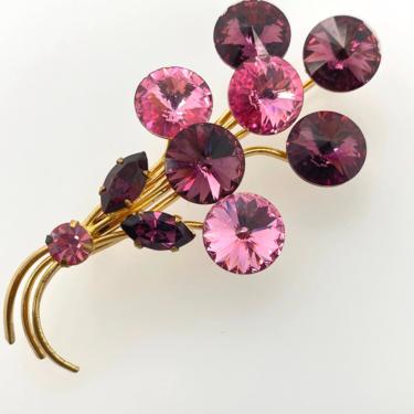 Vintage Austrian Crystal Pink Purple Flower Bouquet Pin Brooch Sparkle MCM Retro Gold Tone 